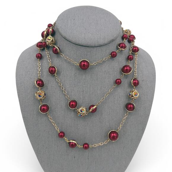 Coldwater Creek Long Rope Chain Necklace Red Simulated Pearl and Rhinestone - Picture 1 of 8